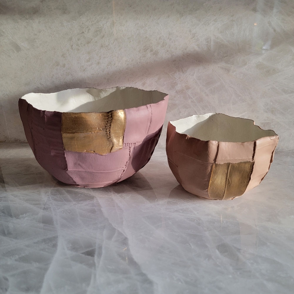 Paola Paronetto Italian Paper Clay Ceramic Bowls W/ Gold - Set of 2